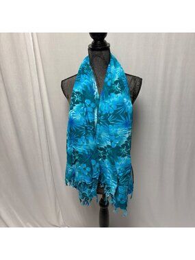 Hawaiian Floral Blue Scarf Fringe Shawl Sarong Wrap Cover Up Fashion Accessory